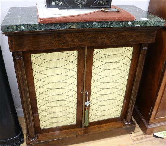 A Regency rosewood two door side cabinet, with green marble top, W.88cm